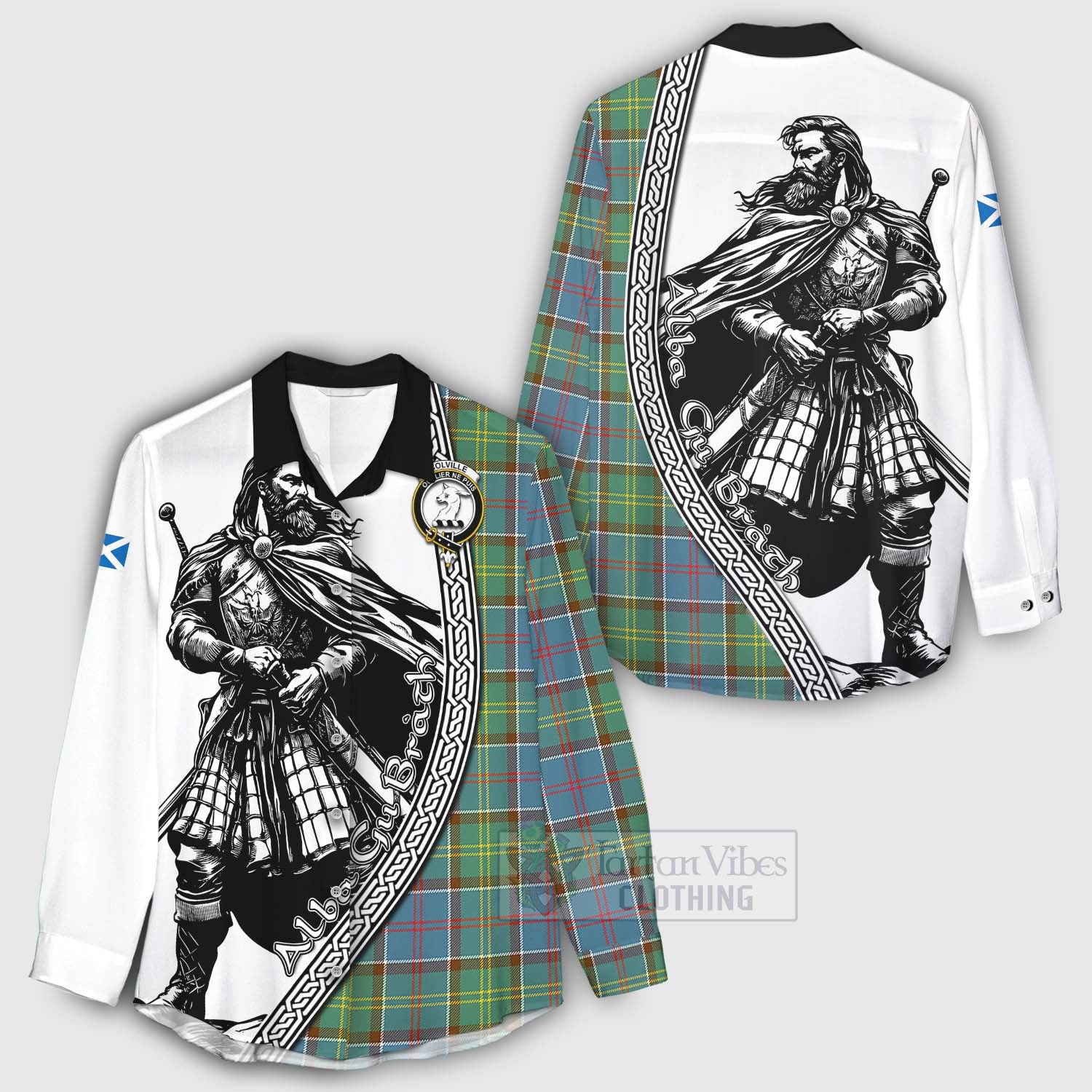 Tartan Vibes Clothing Colville Tartan Clan Crest Women's Casual Shirt with Highlander Warrior Celtic Style