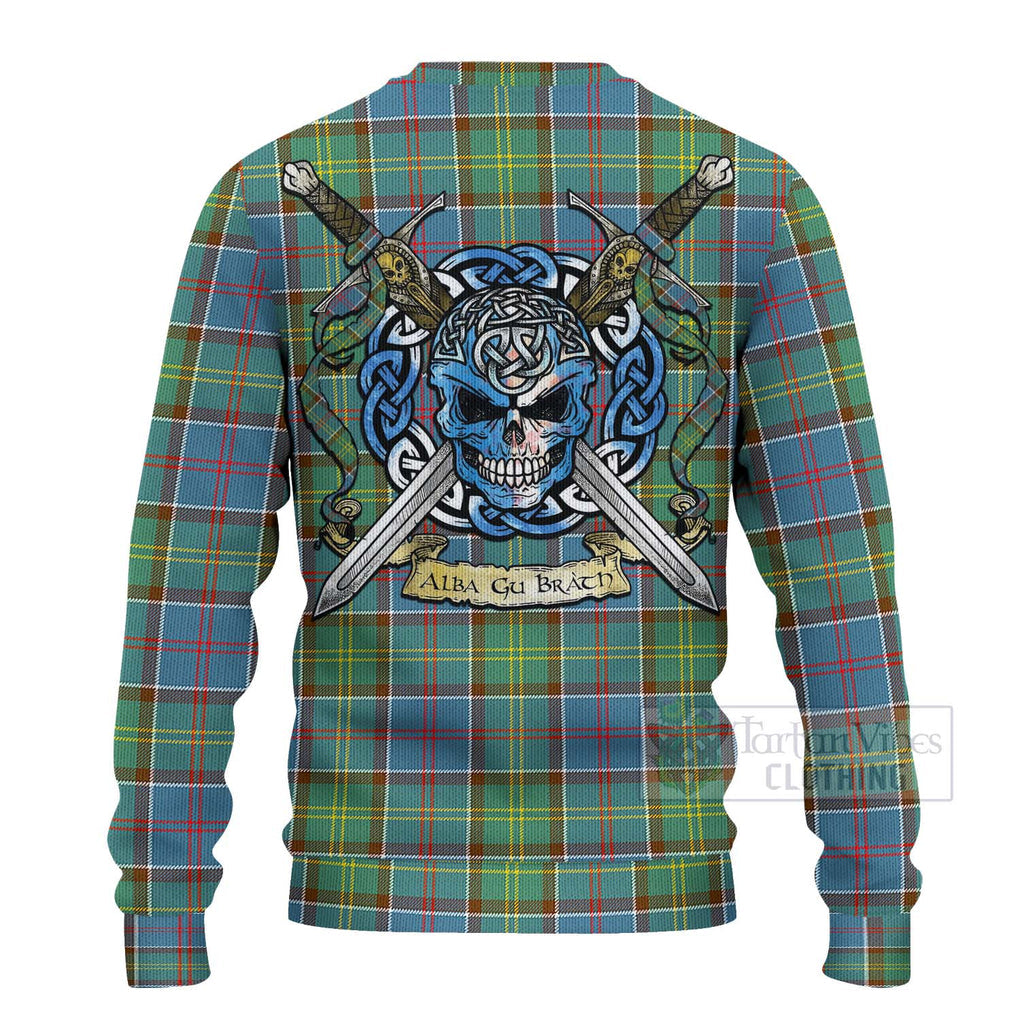 Tartan Vibes Clothing Colville Tartan Knitted Sweater with Family Crest Celtic Skull Style