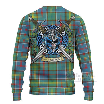 Tartan Vibes Clothing Colville Tartan Knitted Sweater with Family Crest Celtic Skull Style
