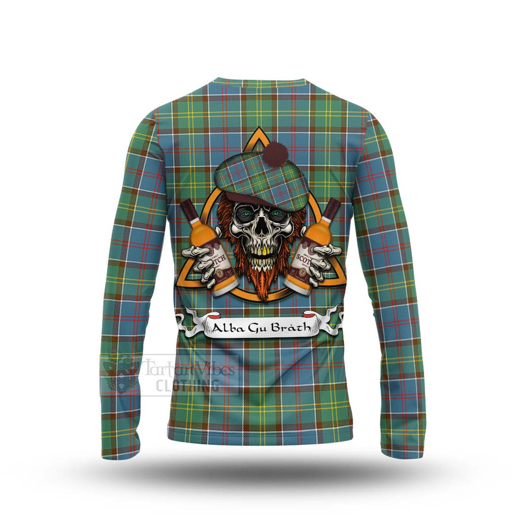 Tartan Vibes Clothing Colville Tartan Long Sleeve T-Shirt with Family Crest and Bearded Skull Holding Bottles of Whiskey