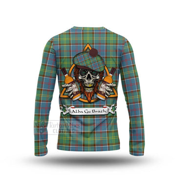 Tartan Vibes Clothing Colville Tartan Long Sleeve T-Shirt with Family Crest and Bearded Skull Holding Bottles of Whiskey