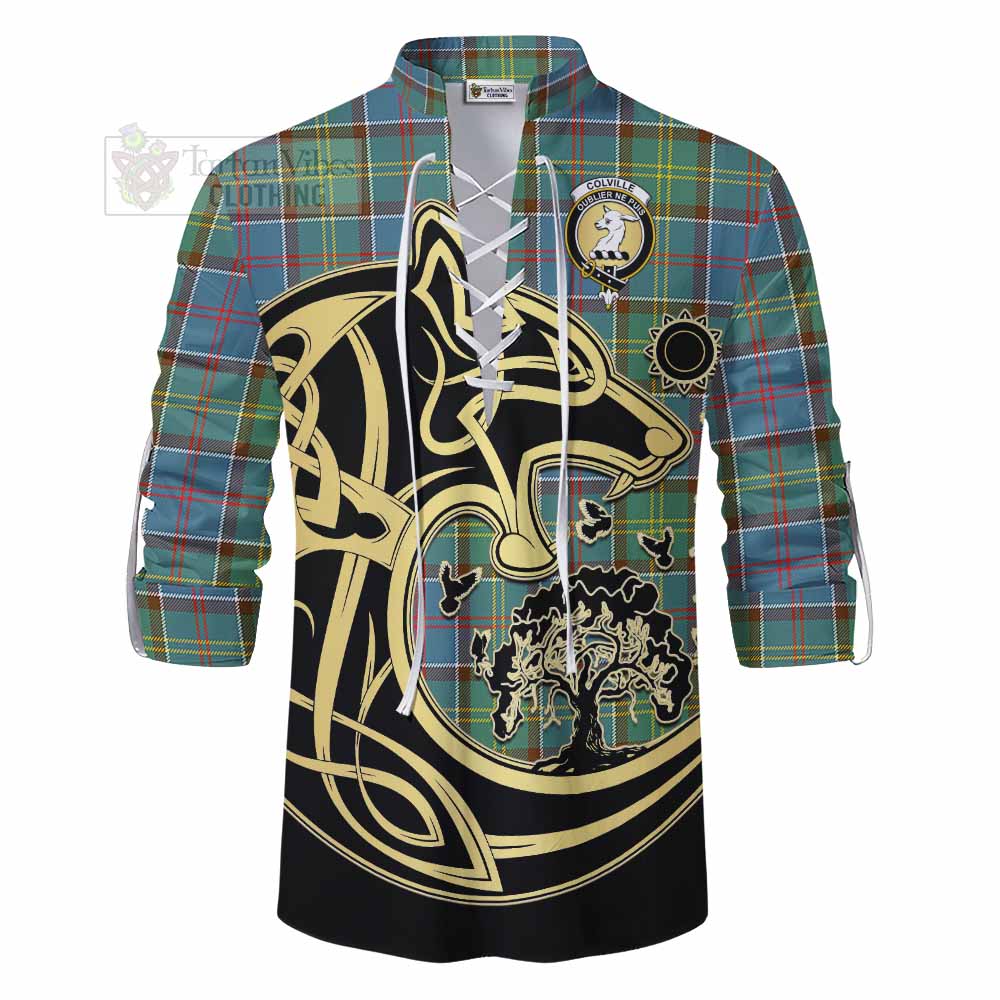Tartan Vibes Clothing Colville Tartan Ghillie Kilt Shirt with Family Crest Celtic Wolf Style