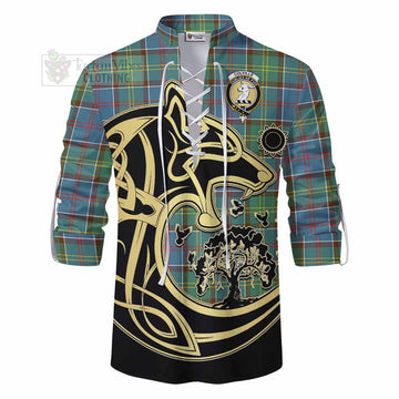 Tartan Vibes Clothing Colville Tartan Ghillie Kilt Shirt with Family Crest Celtic Wolf Style