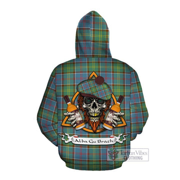 Tartan Vibes Clothing Colville Tartan Cotton Hoodie with Family Crest and Bearded Skull Holding Bottles of Whiskey