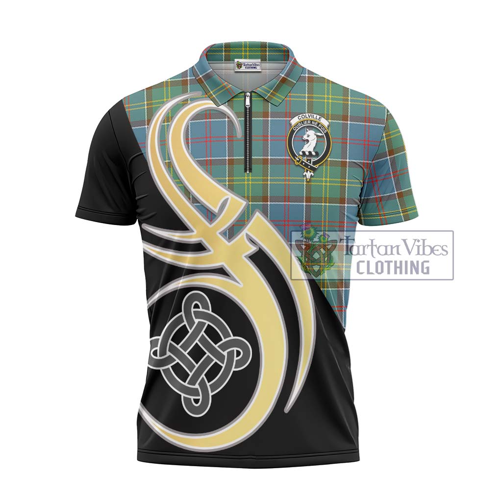 Tartan Vibes Clothing Colville Tartan Zipper Polo Shirt with Family Crest and Celtic Symbol Style