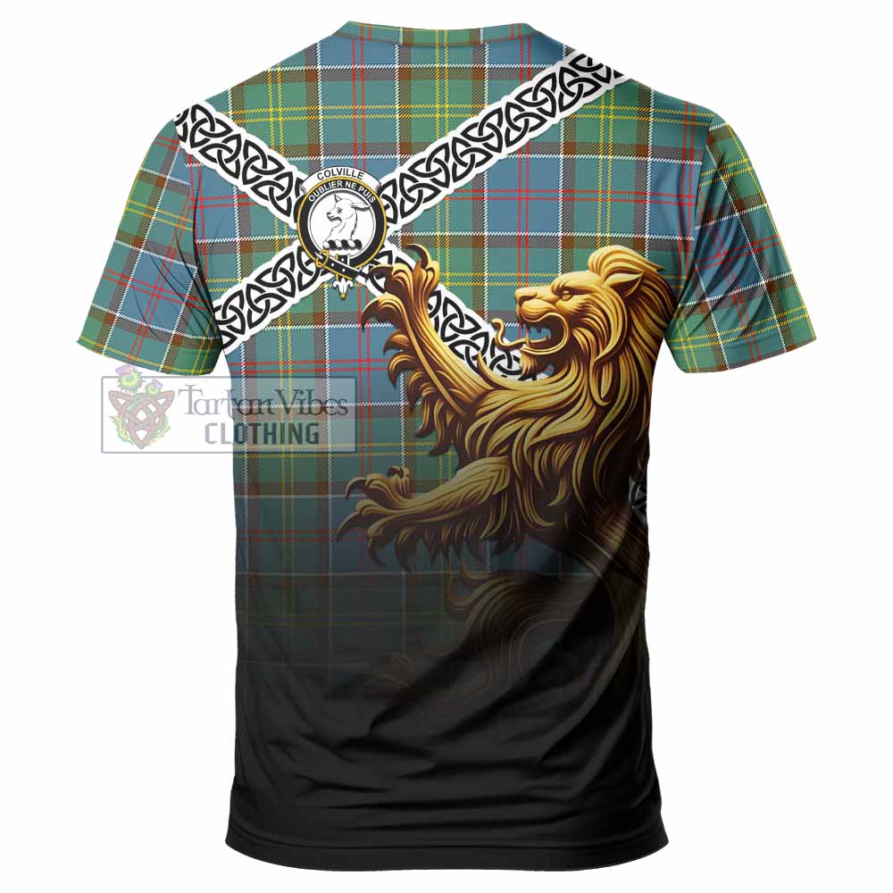 Tartan Vibes Clothing Colville Crest Tartan T-Shirt with Golden Lion Emblem Celtic Style