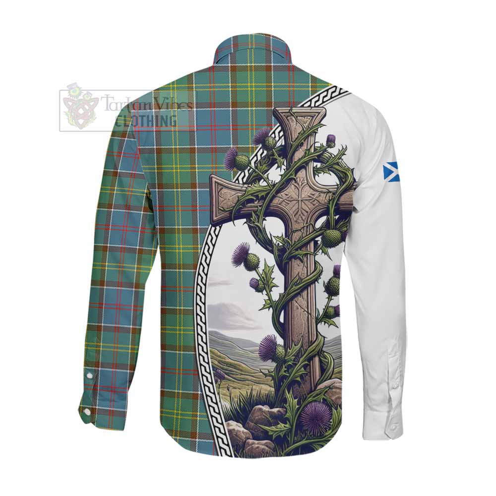 Tartan Vibes Clothing Colville Tartan Long Sleeve Button Shirt with Family Crest and St. Andrew's Cross Accented by Thistle Vines