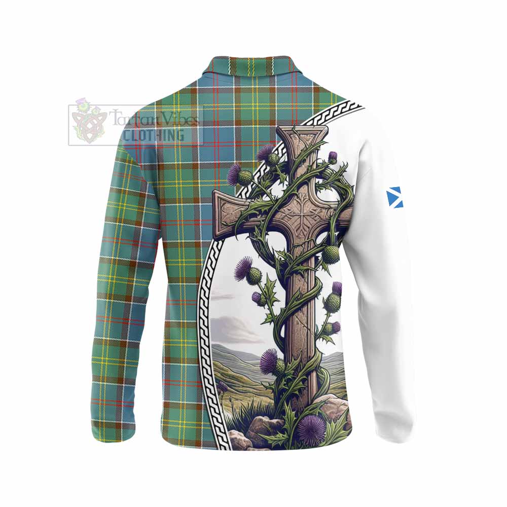 Tartan Vibes Clothing Colville Tartan Long Sleeve Polo Shirt with Family Crest and St. Andrew's Cross Accented by Thistle Vines