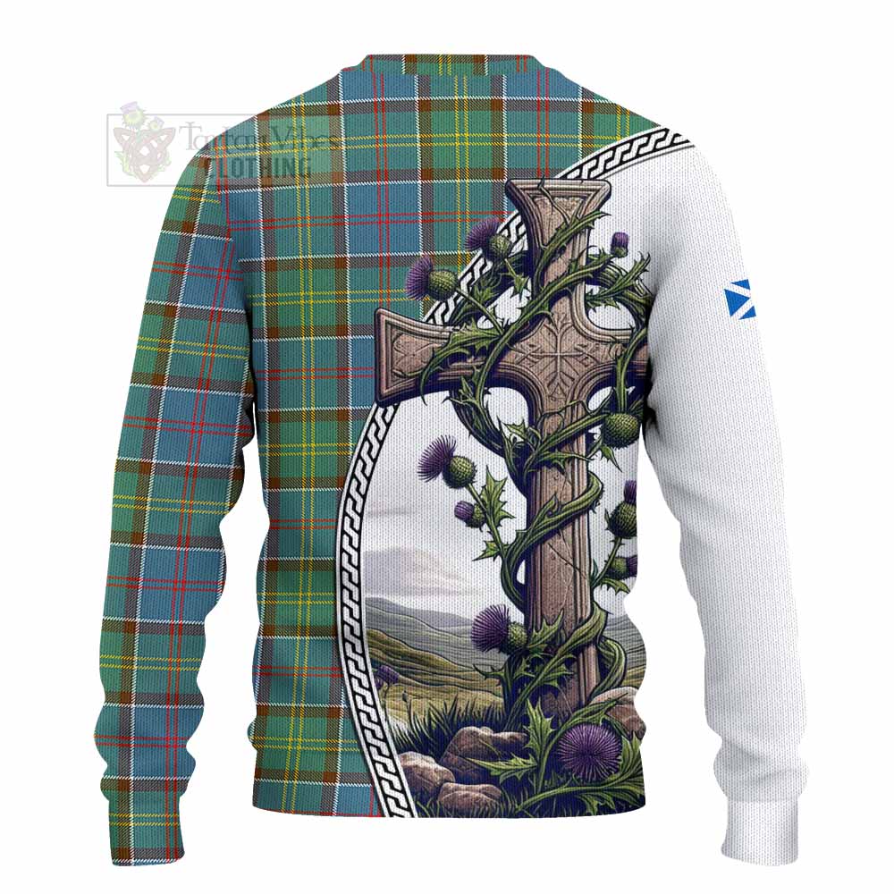 Tartan Vibes Clothing Colville Tartan Knitted Sweater with Family Crest and St. Andrew's Cross Accented by Thistle Vines