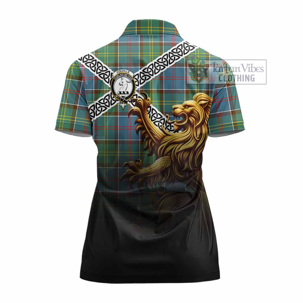 Tartan Vibes Clothing Colville Crest Tartan Women's Polo Shirt with Golden Lion Emblem Celtic Style