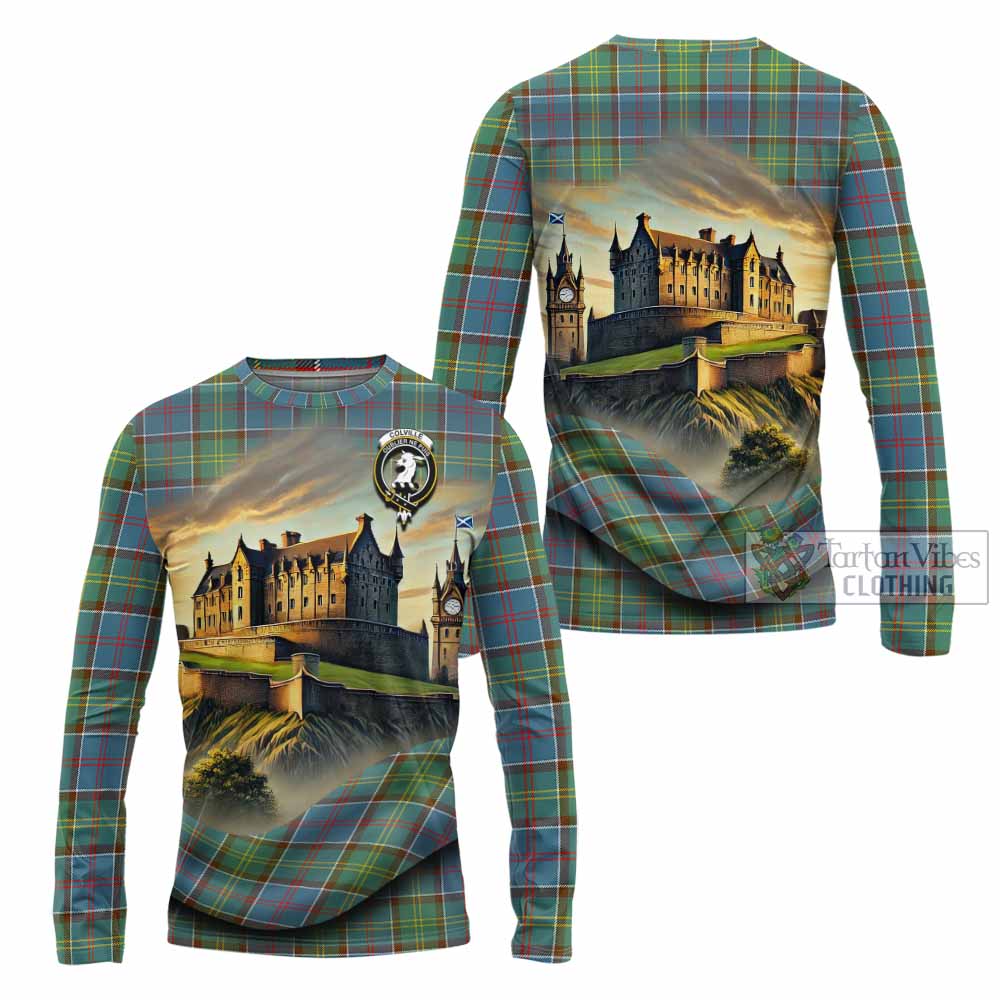 Tartan Vibes Clothing Colville Tartan Family Crest Long Sleeve T-Shirt with Scottish Ancient Castle Style