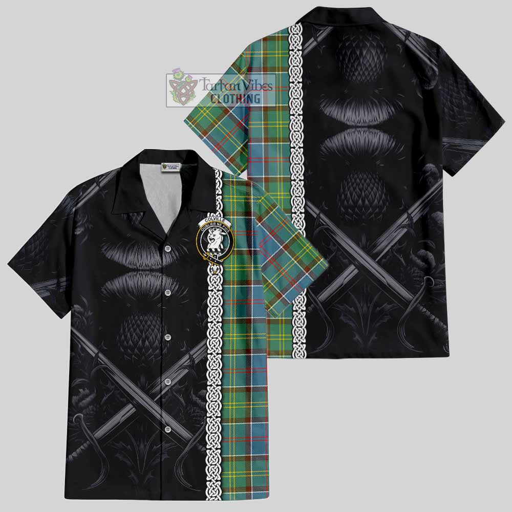 Tartan Vibes Clothing Colville Tartan Short Sleeve Button Shirt with Family Crest Cross Sword Thistle Celtic Vibes