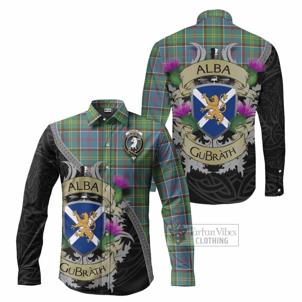 Tartan Vibes Clothing Colville Tartan Family Crest Long Sleeve Button Shirt Lion Rampant Royal Thistle Shield Celtic Inspired