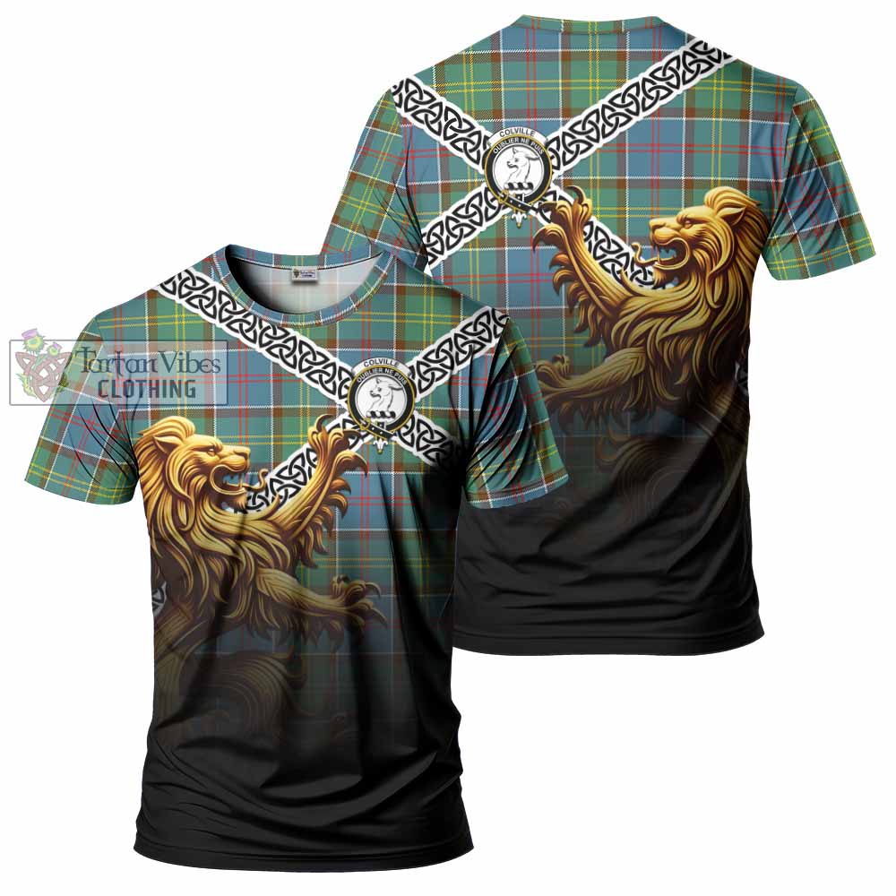 Tartan Vibes Clothing Colville Crest Tartan T-Shirt with Golden Lion Emblem Celtic Style