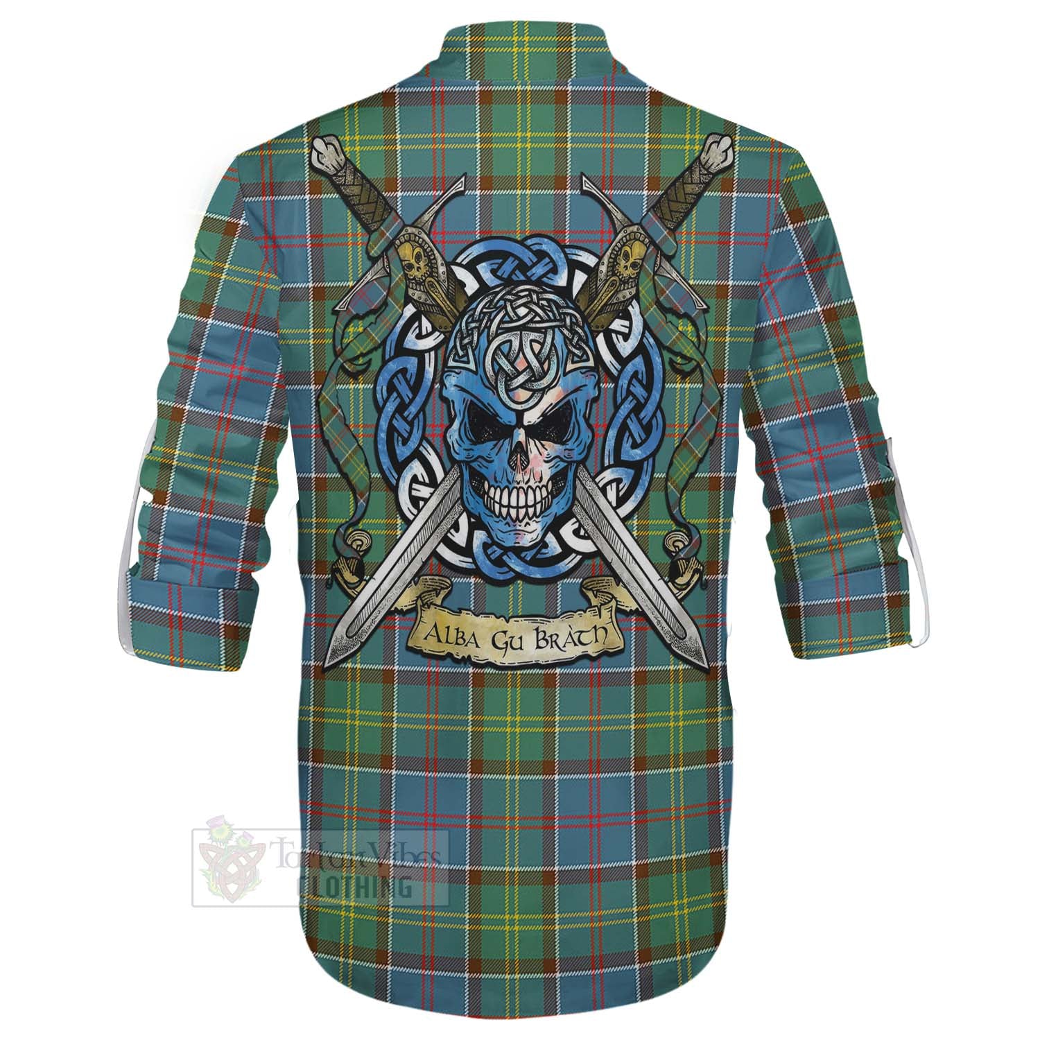 Tartan Vibes Clothing Colville Tartan Ghillie Kilt Shirt with Family Crest Celtic Skull Style