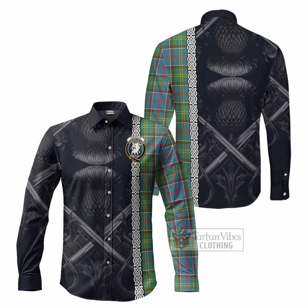Tartan Vibes Clothing Colville Tartan Long Sleeve Button Shirt with Family Crest Cross Sword Thistle Celtic Vibes