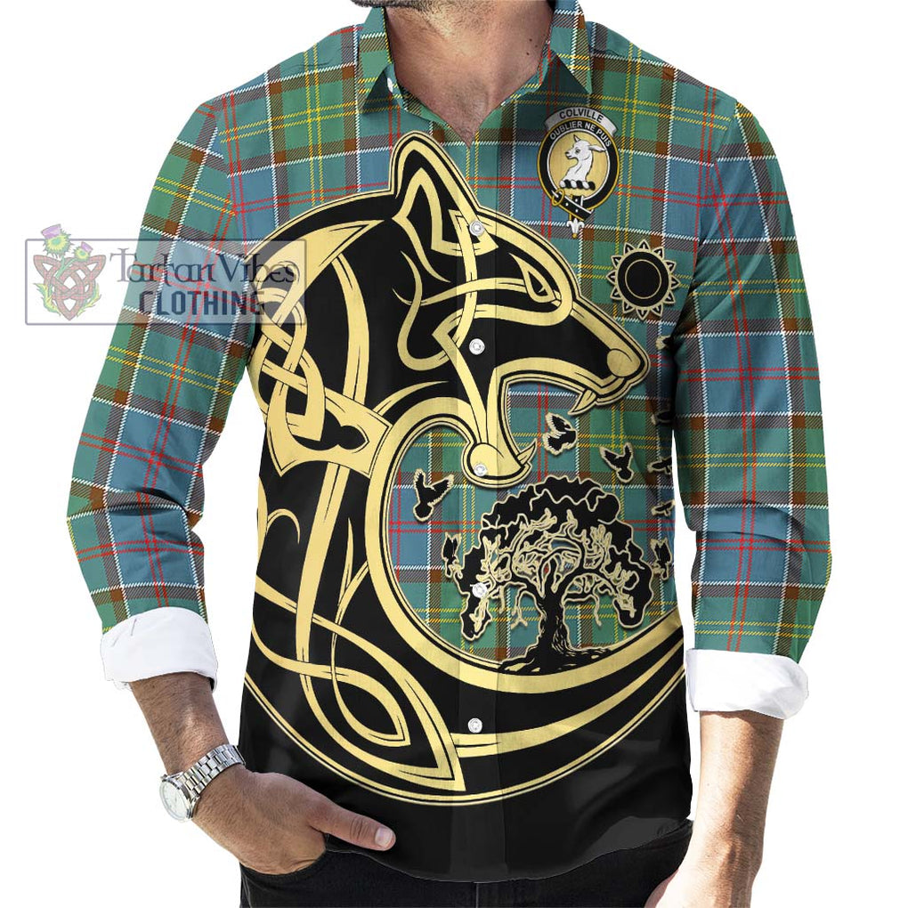Colville Tartan Long Sleeve Button Shirt with Family Crest Celtic Wolf Style - Tartan Vibes Clothing