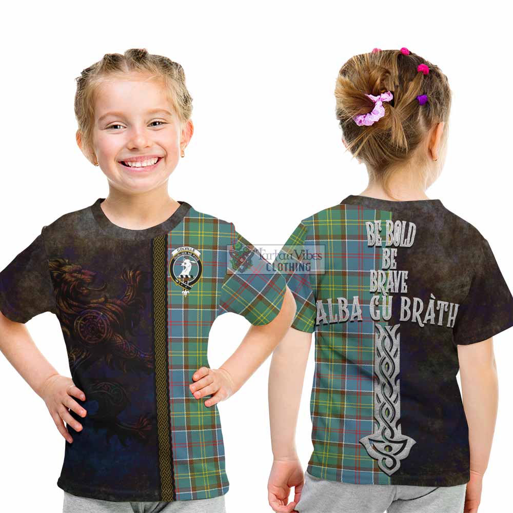 Tartan Vibes Clothing Colville Tartan Family Crest Kid T-Shirt Alba Gu Brath Be Brave Lion Ancient Style