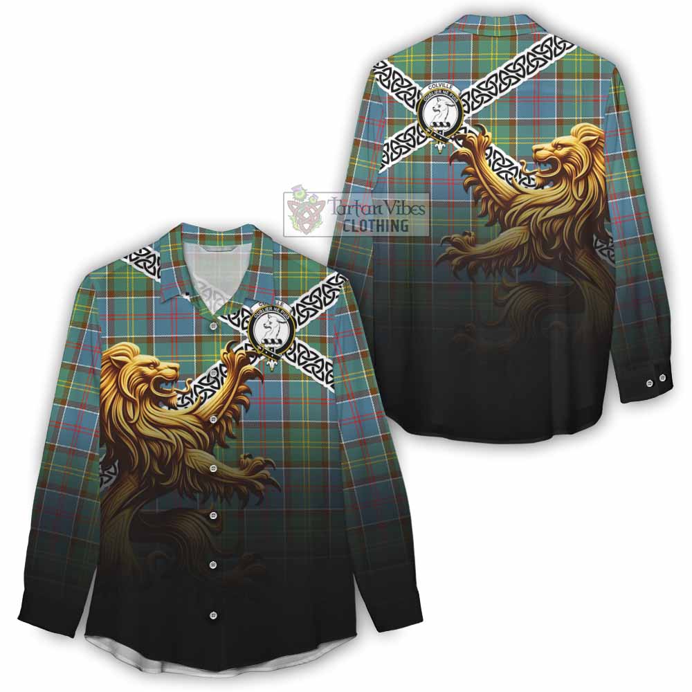 Tartan Vibes Clothing Colville Crest Tartan Women's Casual Shirt with Golden Lion Emblem Celtic Style