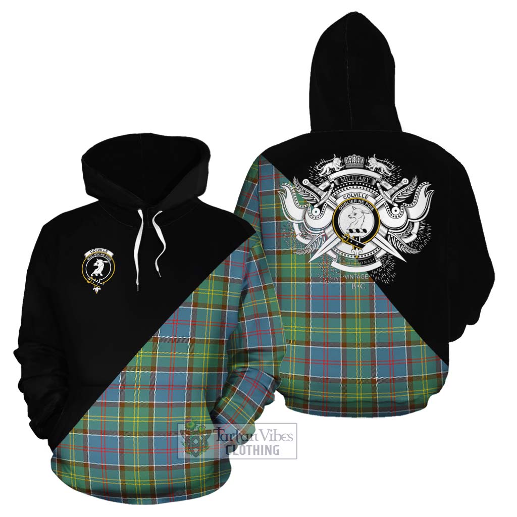 Tartan Vibes Clothing Colville Tartan Cotton Hoodie with Family Crest and Military Logo Style