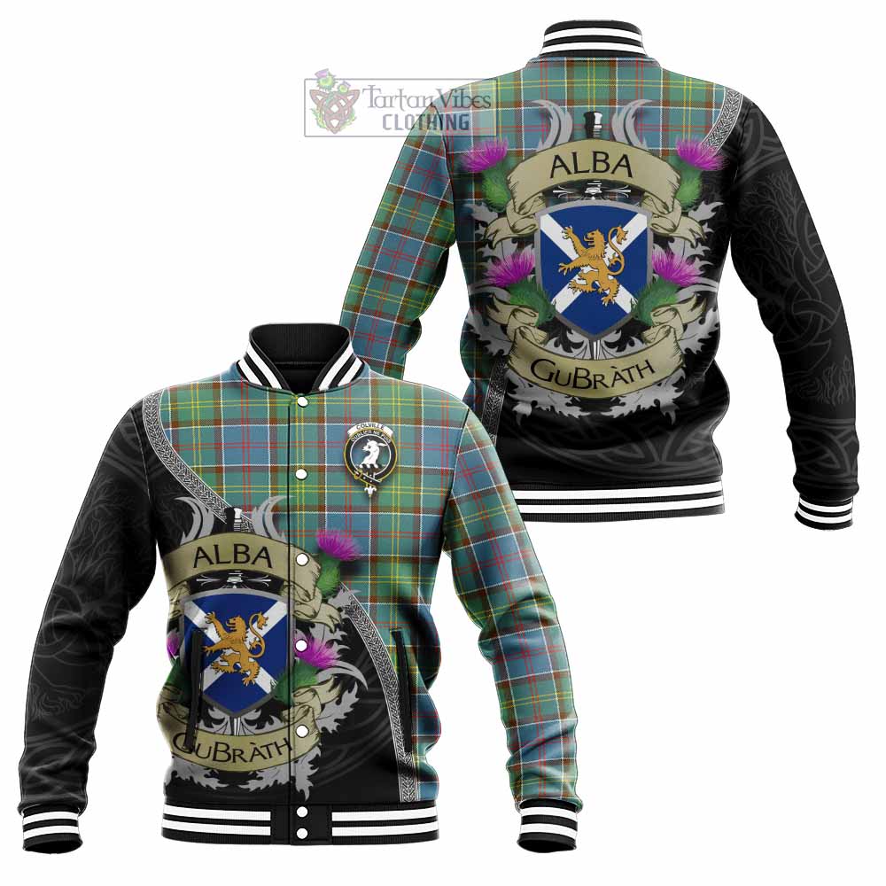 Tartan Vibes Clothing Colville Tartan Family Crest Baseball Jacket Lion Rampant Royal Thistle Shield Celtic Inspired