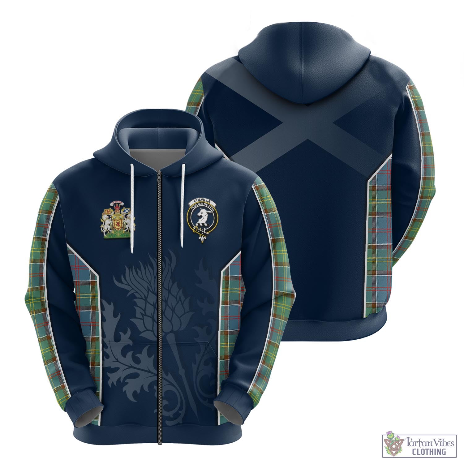 Tartan Vibes Clothing Colville Tartan Hoodie with Family Crest and Scottish Thistle Vibes Sport Style