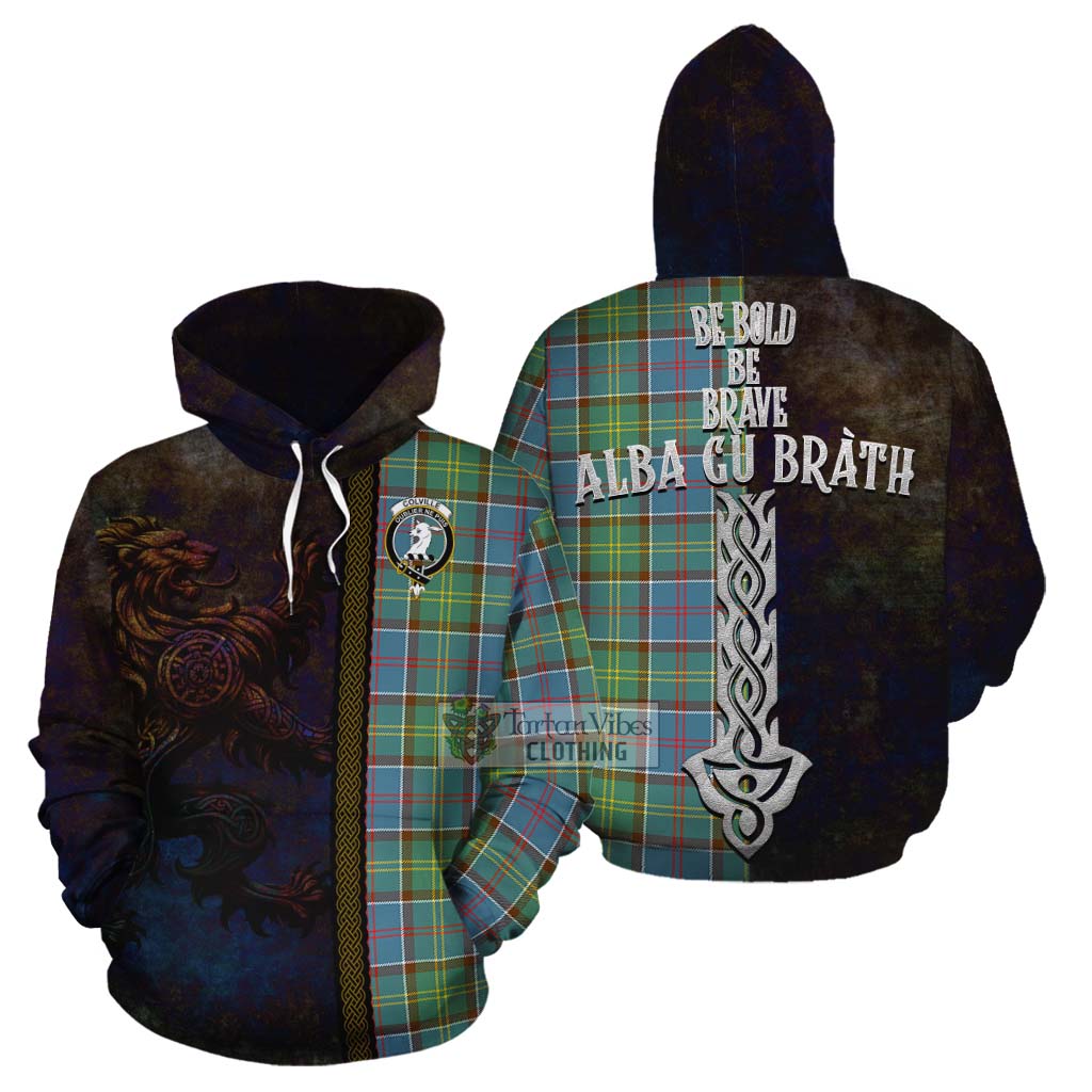 Tartan Vibes Clothing Colville Tartan Family Crest Cotton Hoodie Alba Gu Brath Be Brave Lion Ancient Style