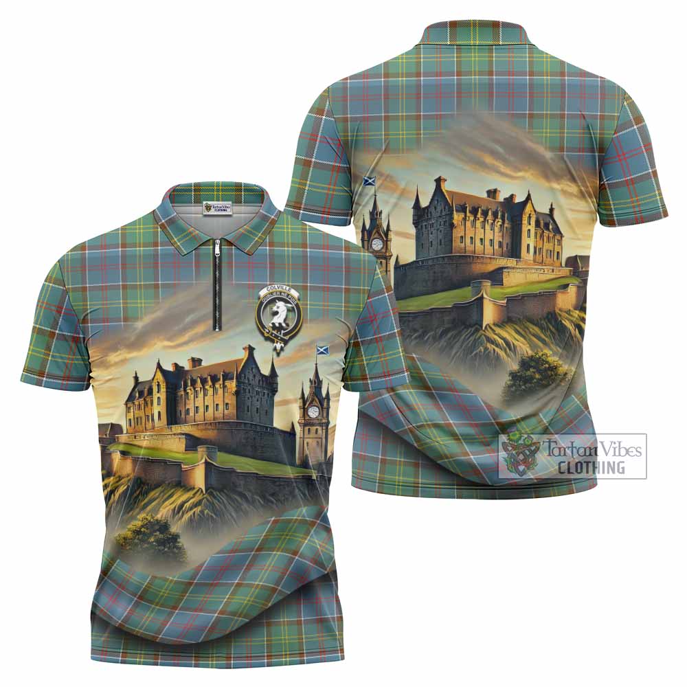 Tartan Vibes Clothing Colville Tartan Family Crest Zipper Polo Shirt with Scottish Ancient Castle Stype