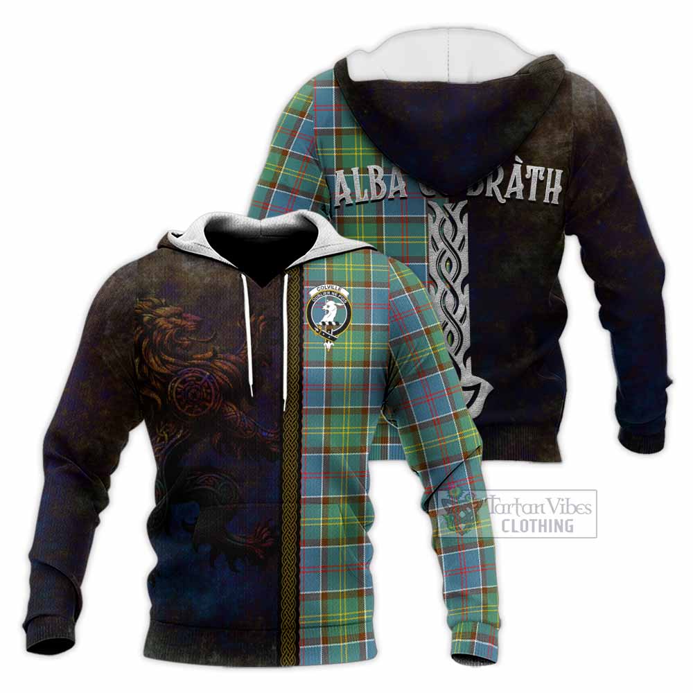Tartan Vibes Clothing Colville Tartan Family Crest Knitted Hoodie Alba Gu Brath Be Brave Lion Ancient Style