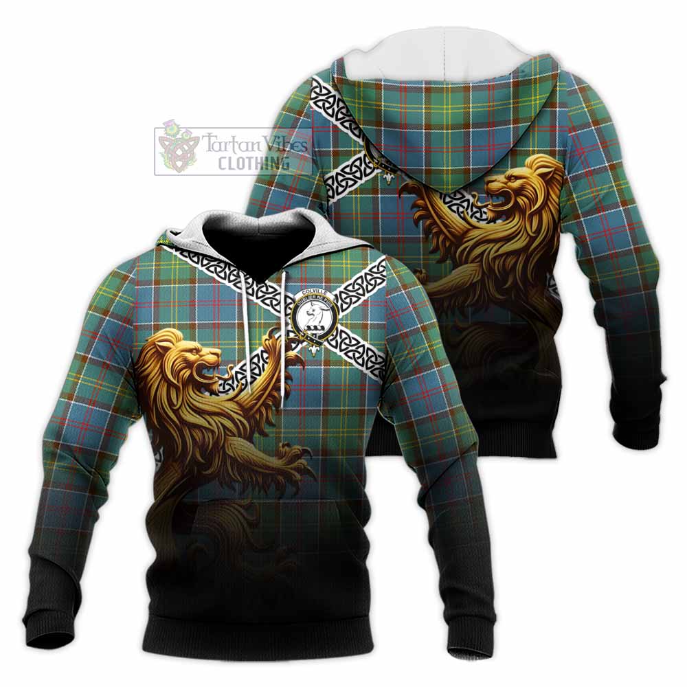 Tartan Vibes Clothing Colville Crest Tartan Knitted Hoodie with Golden Lion Emblem Celtic Style