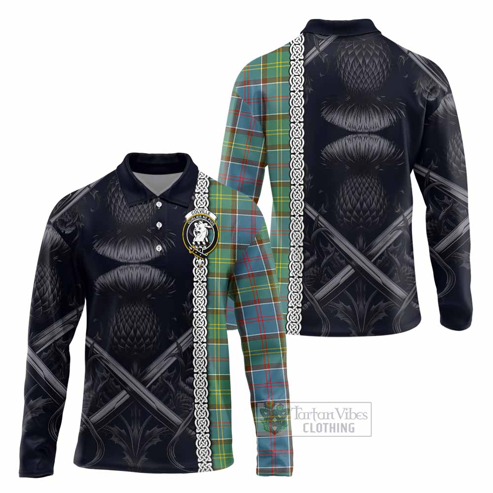 Tartan Vibes Clothing Colville Tartan Long Sleeve Polo Shirt with Family Crest Cross Sword Thistle Celtic Vibes