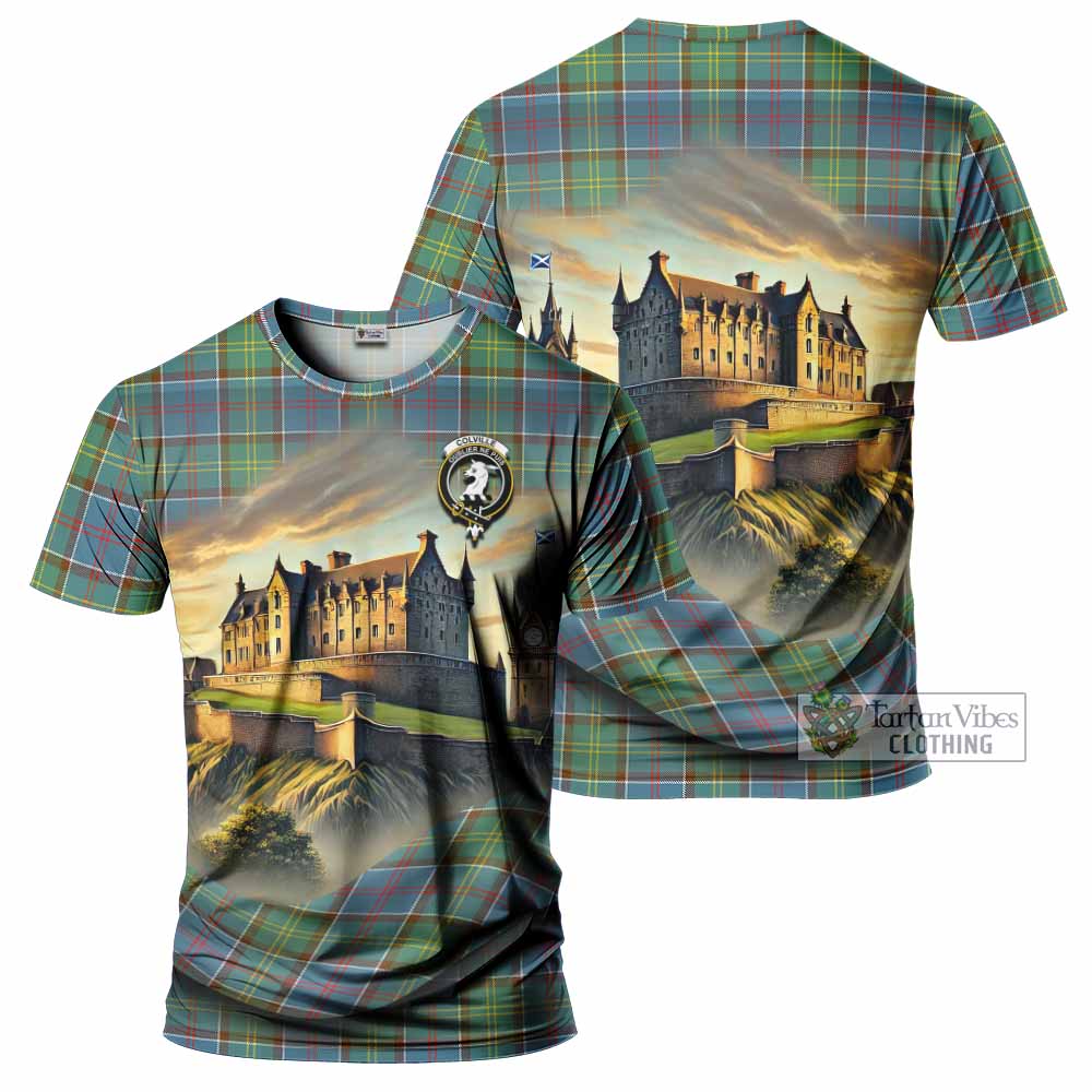 Tartan Vibes Clothing Colville Tartan Family Crest T-Shirt with Scottish Ancient Castle Stype
