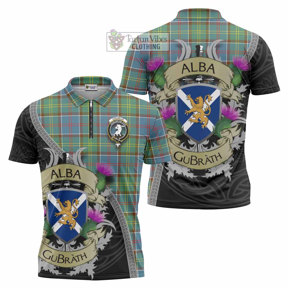 Tartan Vibes Clothing Colville Tartan Family Crest Zipper Polo Shirt Lion Rampant Royal Thistle Shield Celtic Inspired