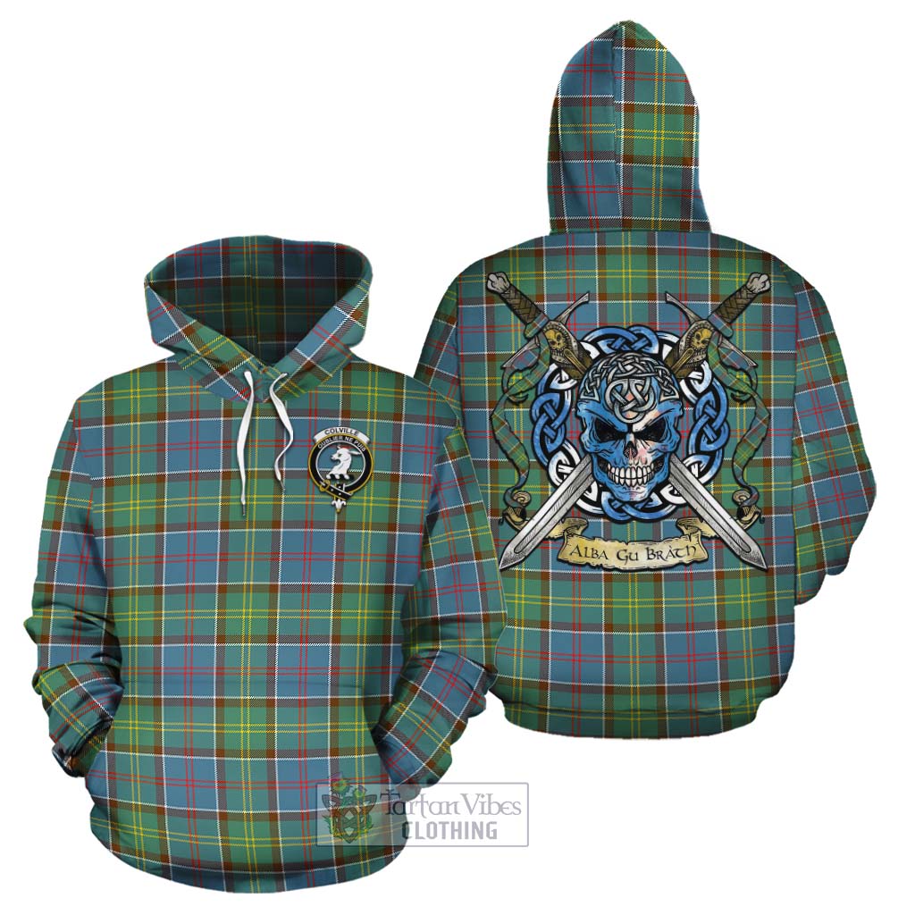 Tartan Vibes Clothing Colville Tartan Cotton Hoodie with Family Crest Celtic Skull Style
