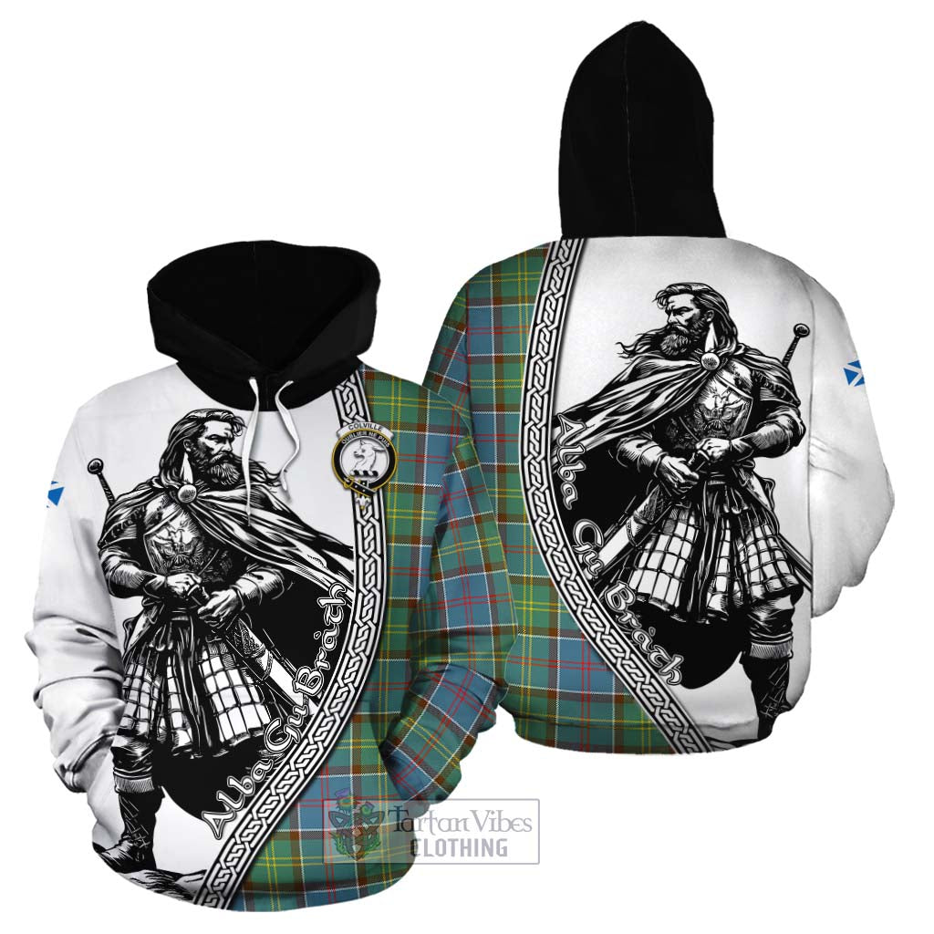 Tartan Vibes Clothing Colville Tartan Clan Crest Cotton Hoodie with Highlander Warrior Celtic Style
