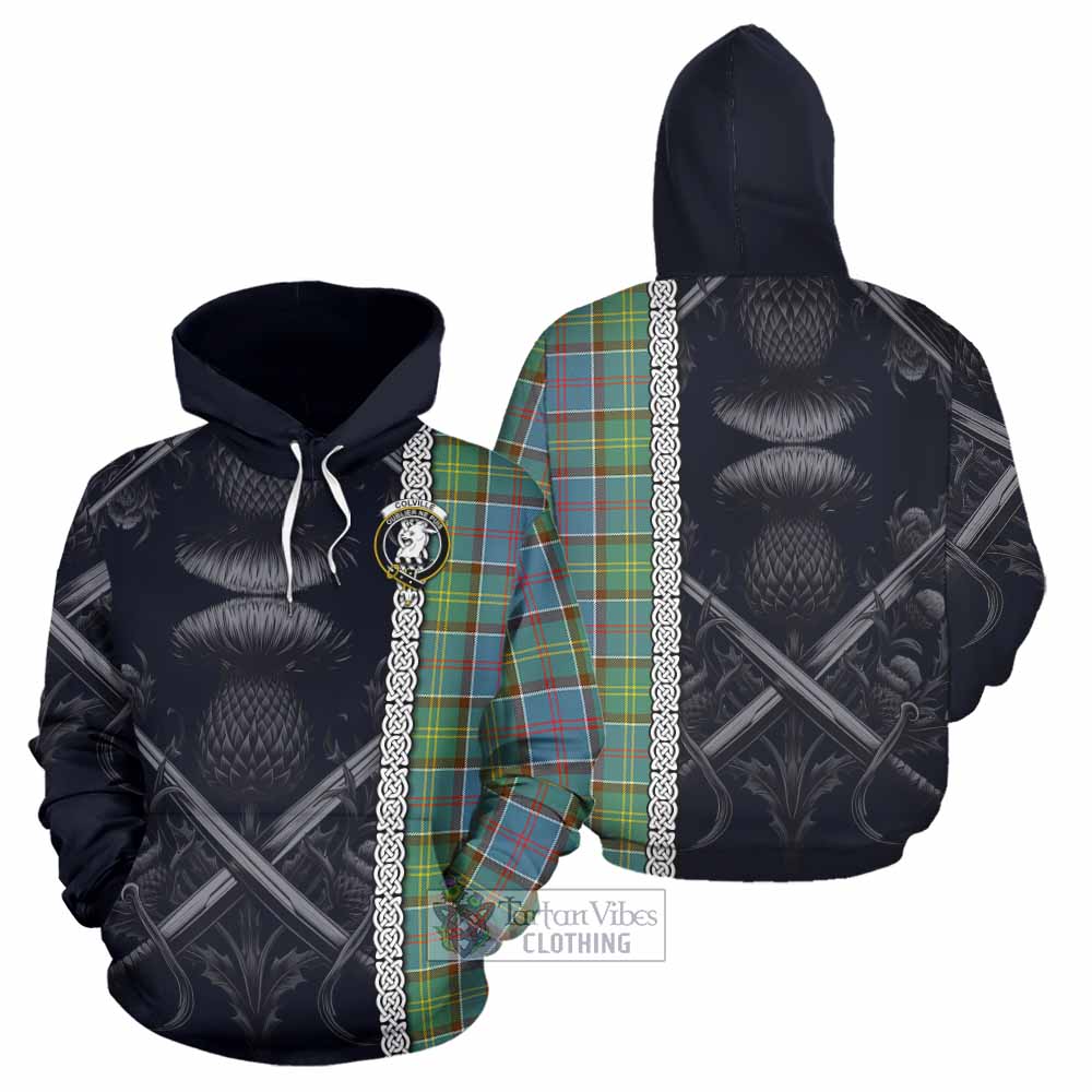 Tartan Vibes Clothing Colville Tartan Hoodie with Family Crest Cross Sword Thistle Celtic Vibes