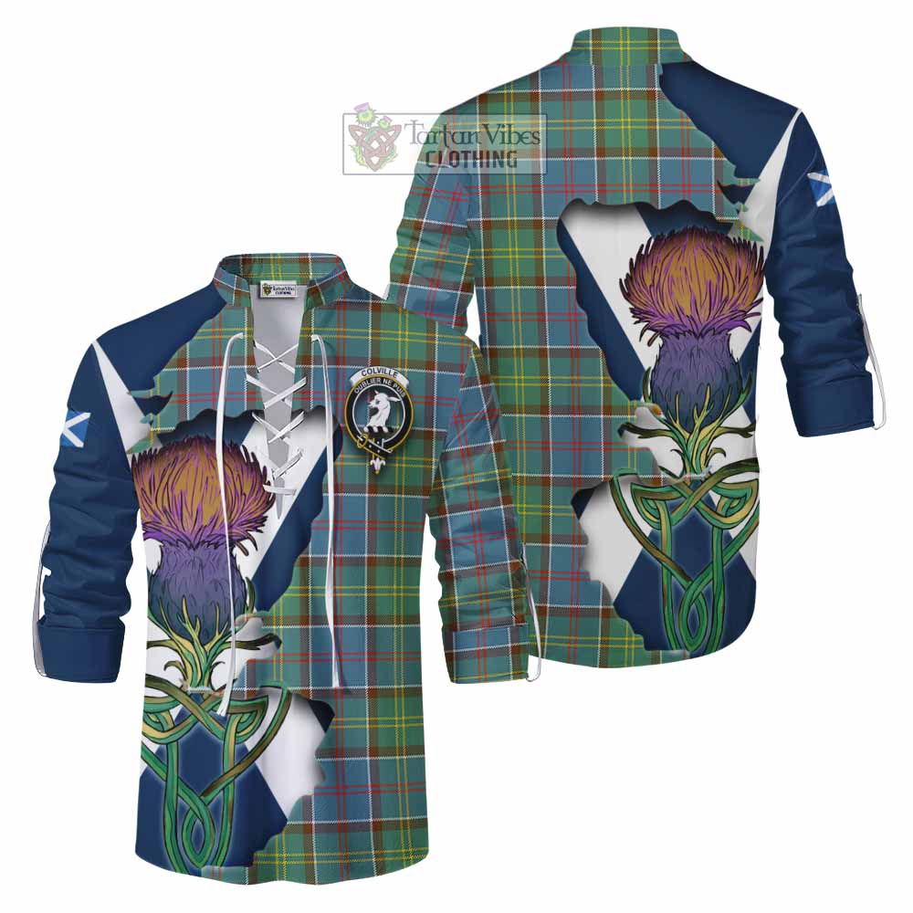 Tartan Vibes Clothing Colville Tartan Family Crest Ghillie Kilt Shirt Scottish Thistle Celtic Inspired