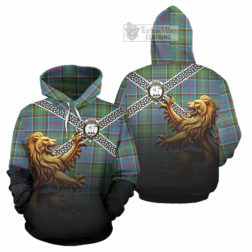 Tartan Vibes Clothing Colville Crest Tartan Hoodie with Golden Lion Emblem Celtic Style