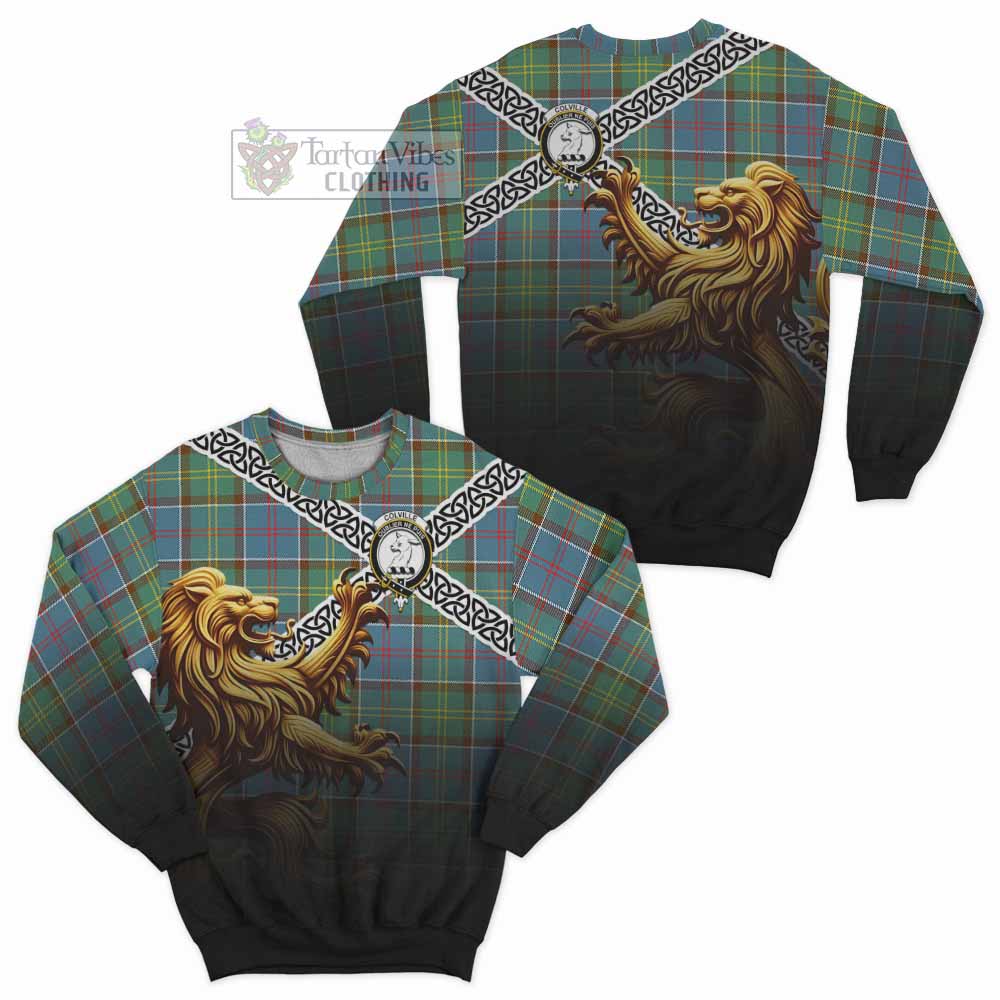 Tartan Vibes Clothing Colville Crest Tartan Sweatshirt with Golden Lion Emblem Celtic Style