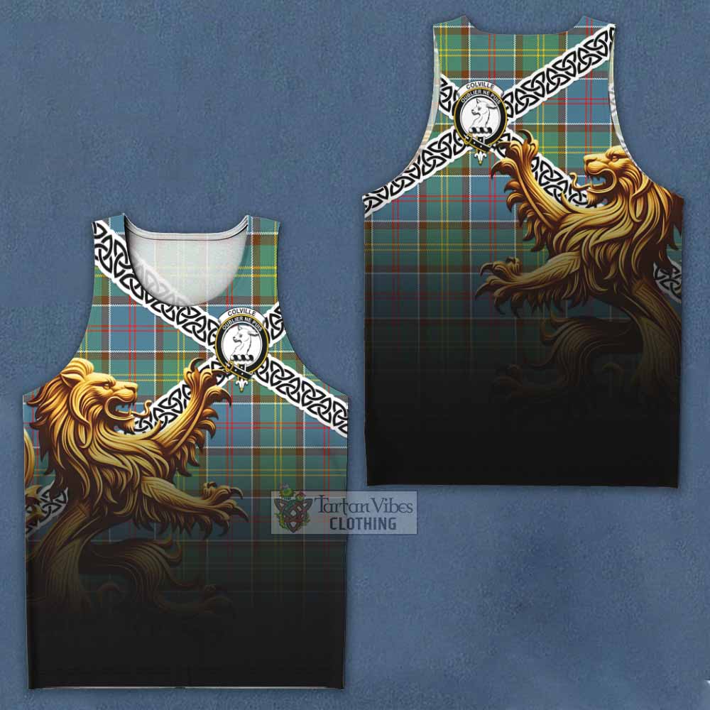 Tartan Vibes Clothing Colville Crest Tartan Men's Tank Top with Golden Lion Emblem Celtic Style