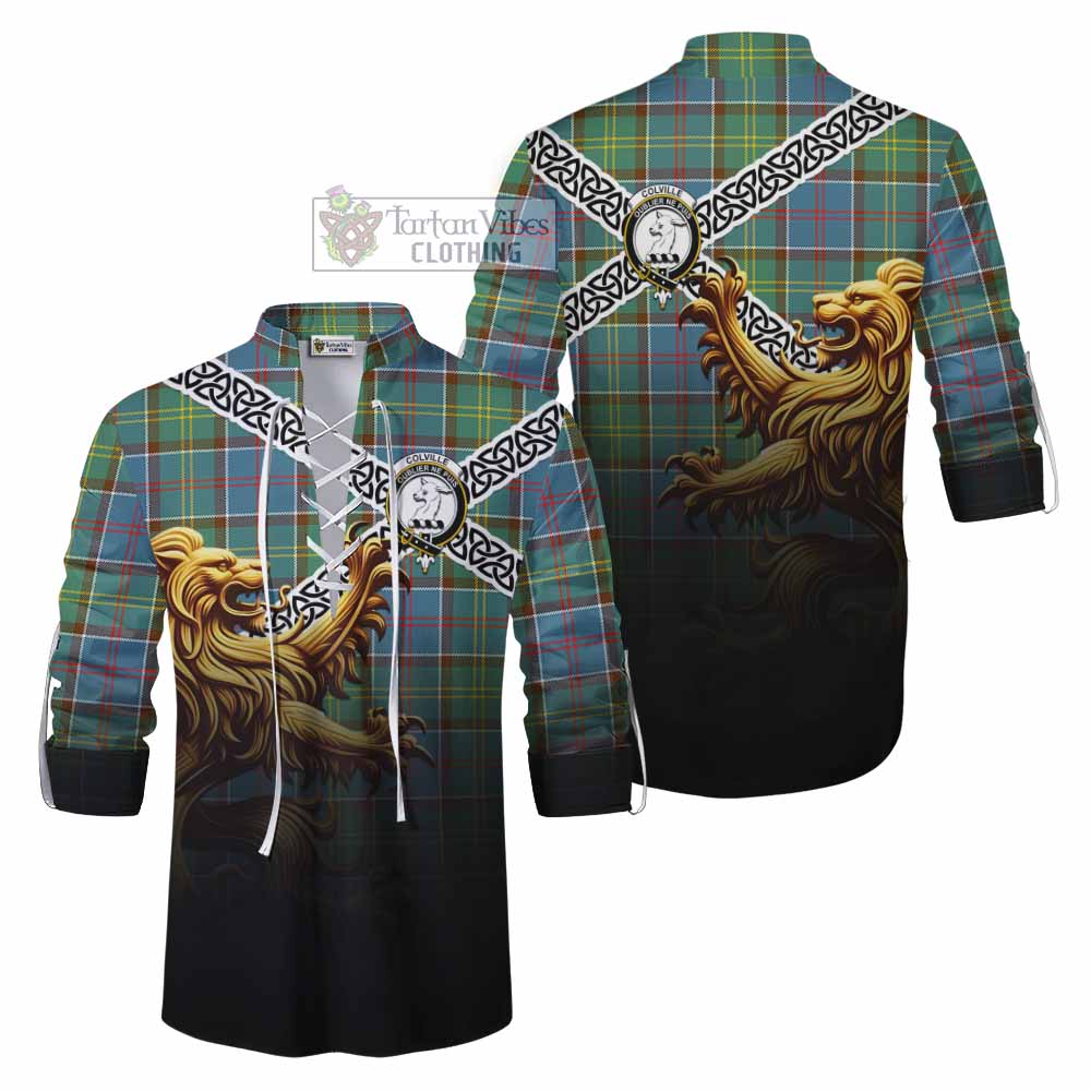 Tartan Vibes Clothing Colville Crest Tartan Ghillie Kilt Shirt with Golden Lion Emblem Celtic Style
