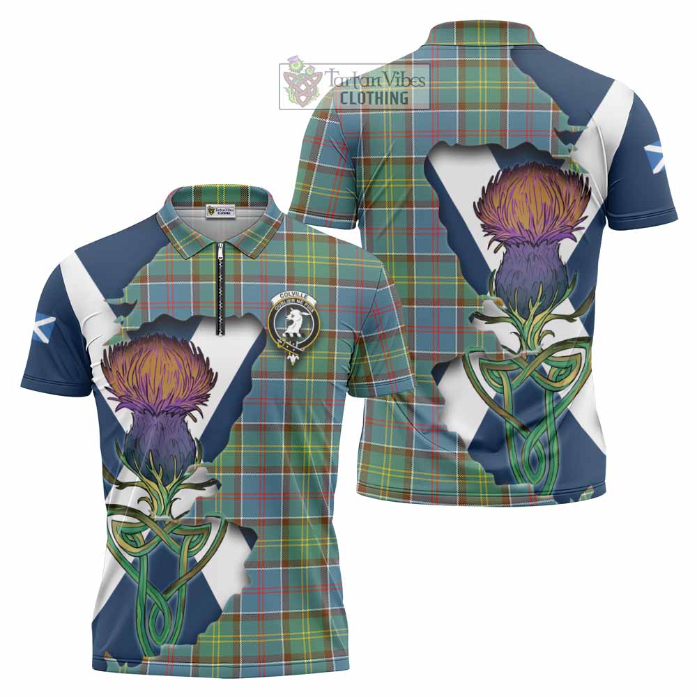 Tartan Vibes Clothing Colville Tartan Family Crest Zipper Polo Shirt Scottish Thistle Celtic Inspired