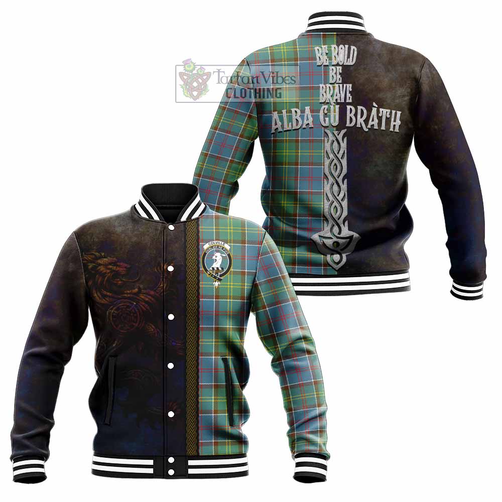Tartan Vibes Clothing Colville Tartan Family Crest Baseball Jacket Alba Gu Brath Be Brave Lion Ancient Style