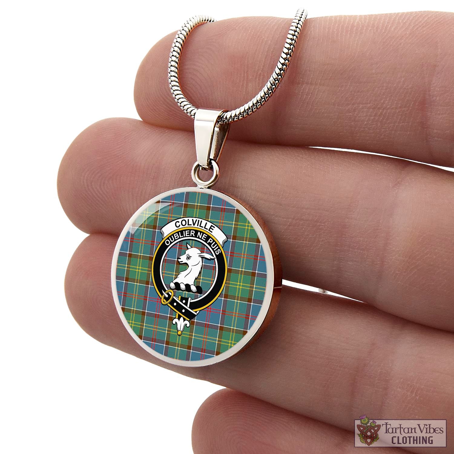 Tartan Vibes Clothing Colville Tartan Circle Necklace with Family Crest