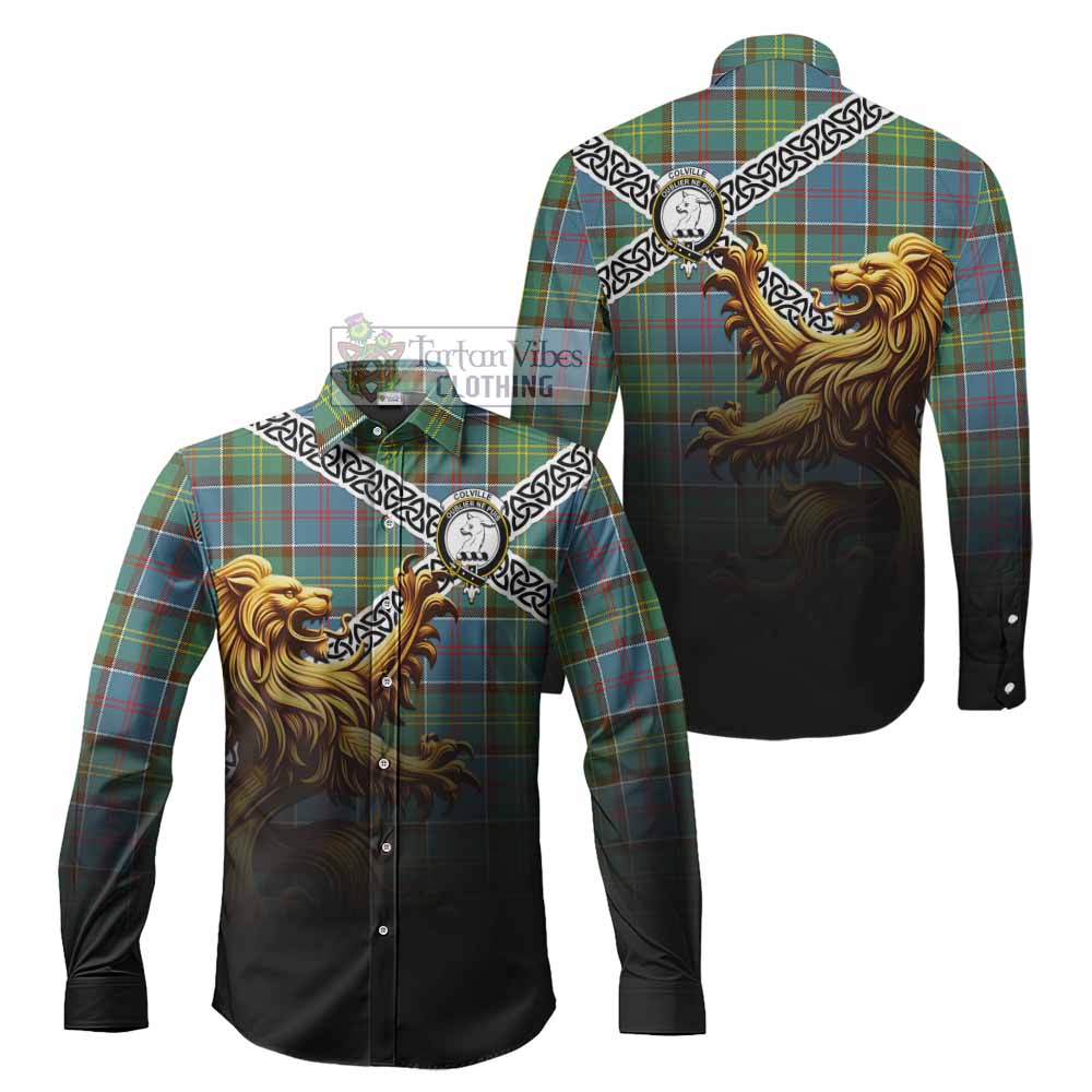 Tartan Vibes Clothing Colville Crest Tartan Long Sleeve Button Shirt with Golden Lion Emblem Celtic Style