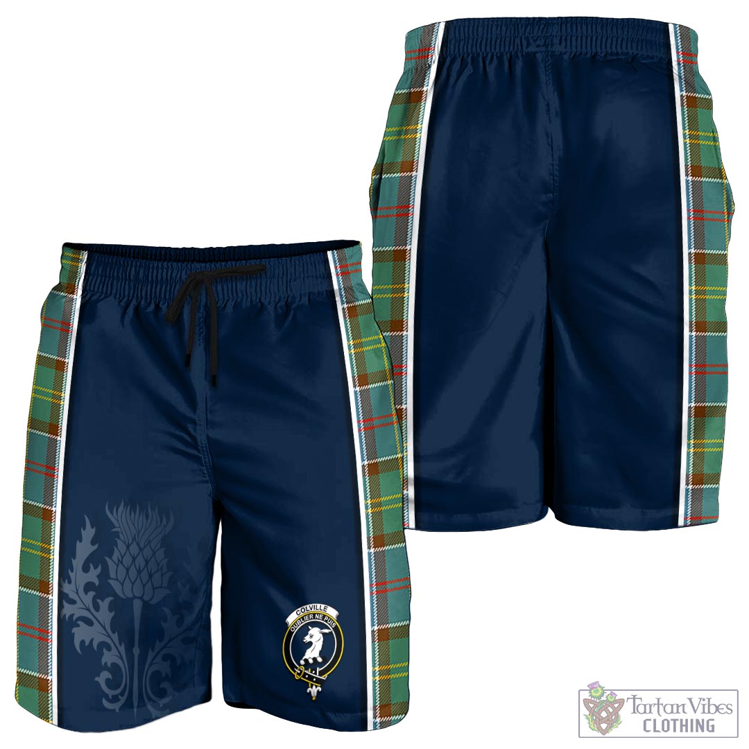Tartan Vibes Clothing Colville Tartan Men's Shorts with Family Crest and Scottish Thistle Vibes Sport Style