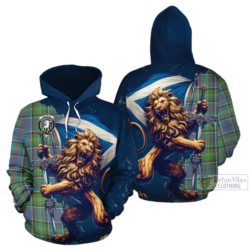 Tartan Vibes Clothing Colville Tartan Family Crest Cotton Hoodie with Scottish Majestic Lion
