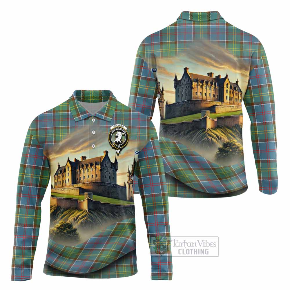 Tartan Vibes Clothing Colville Tartan Family Crest Long Sleeve Polo Shirt with Scottish Ancient Castle Style