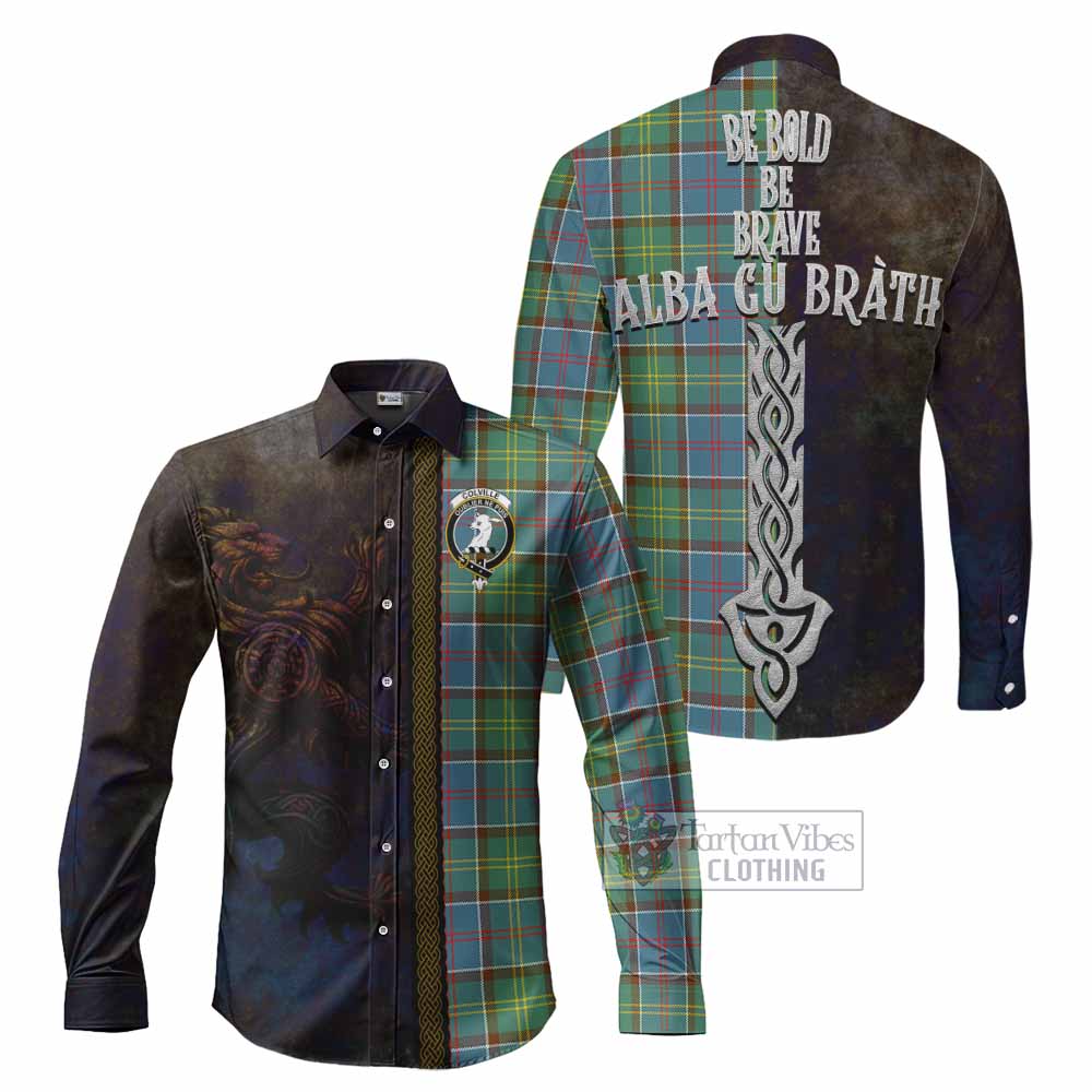 Tartan Vibes Clothing Colville Tartan Family Crest Long Sleeve Button Shirt Alba Gu Brath Be Brave Lion Ancient Style