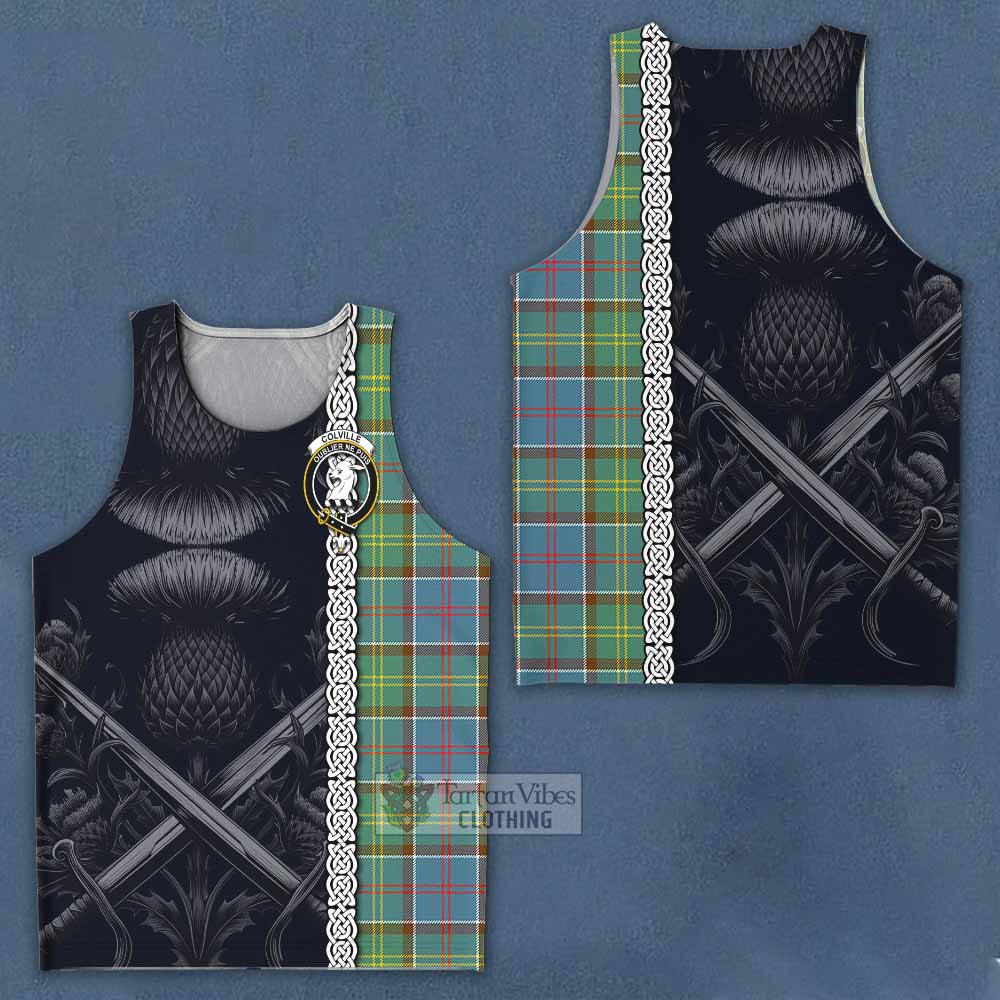 Tartan Vibes Clothing Colville Tartan Men's Tank Top with Family Crest Cross Sword Thistle Celtic Vibes